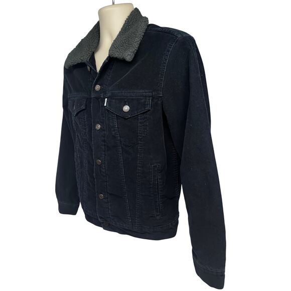 Levis Black Corduroy Button Up Trucker Jacket Small Sherpa Lined Flap Pockets - Picture 3 of 9